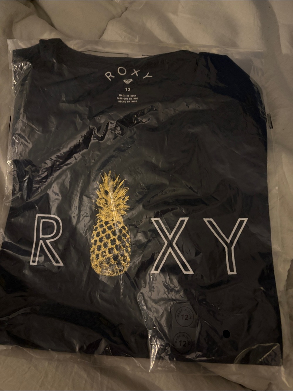 Kiss Roxy navy blue  Tee with Gold Pineapple and White Lettering sz 12
